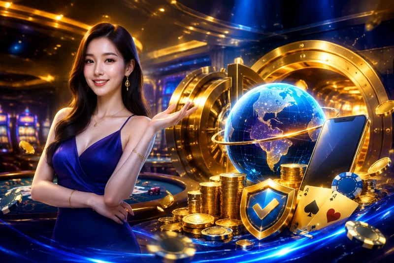 Trung tâm dữ liệu hiện đại kết nối với bản đồ thế giới, minh họa lợi ích máy chủ Jun88 quốc tế